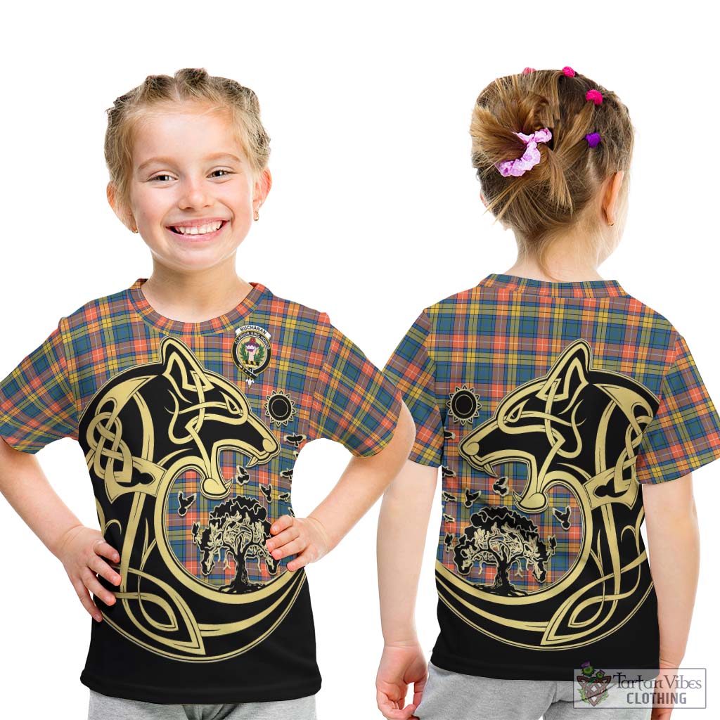 Tartan Vibes Clothing Buchanan Ancient Tartan Kid T-Shirt with Family Crest Celtic Wolf Style