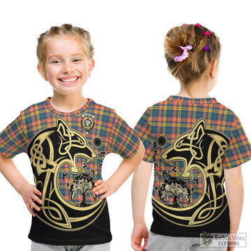 Buchanan Ancient Tartan Kid T-Shirt with Family Crest Celtic Wolf Style