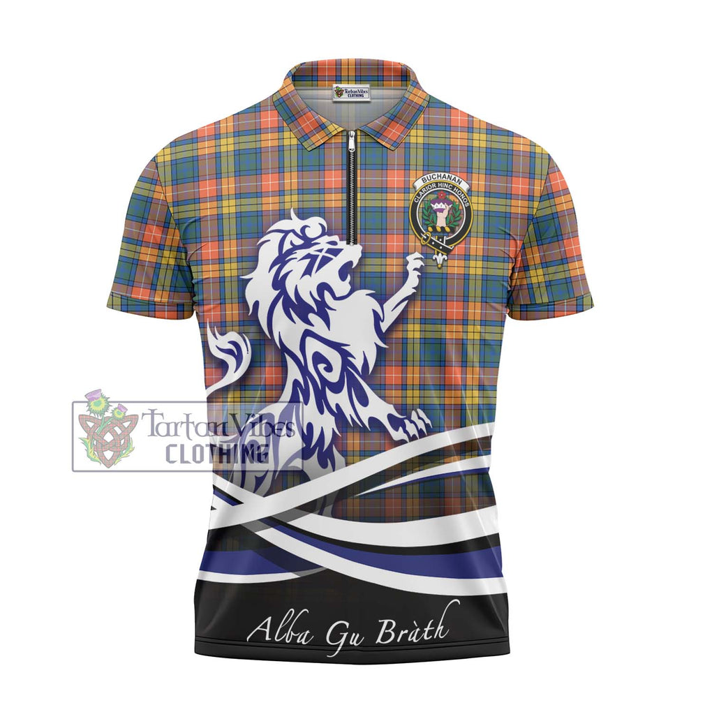 Buchanan Ancient Tartan Zipper Polo Shirt with Alba Gu Brath Regal Lion Emblem - Tartanvibesclothing Shop