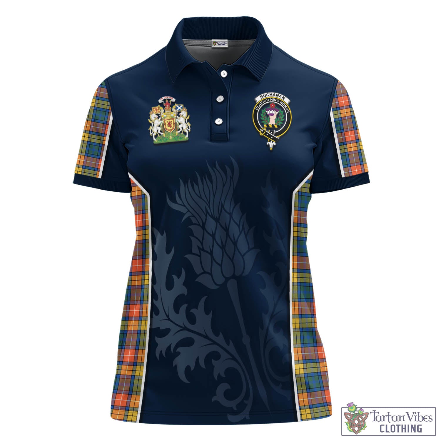 Tartan Vibes Clothing Buchanan Ancient Tartan Women's Polo Shirt with Family Crest and Scottish Thistle Vibes Sport Style