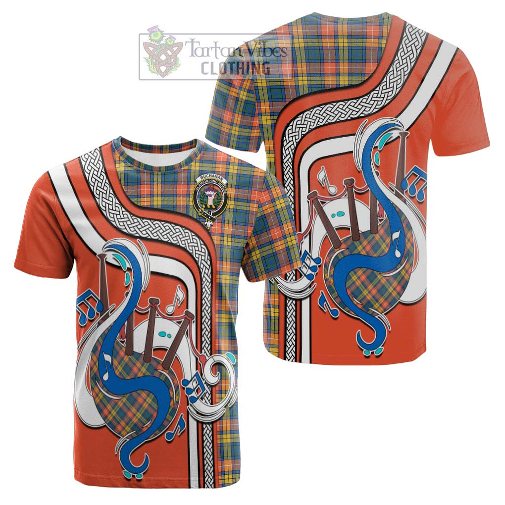 Tartan Vibes Clothing Buchanan Ancient Tartan Cotton T-shirt with Epic Bagpipe Style