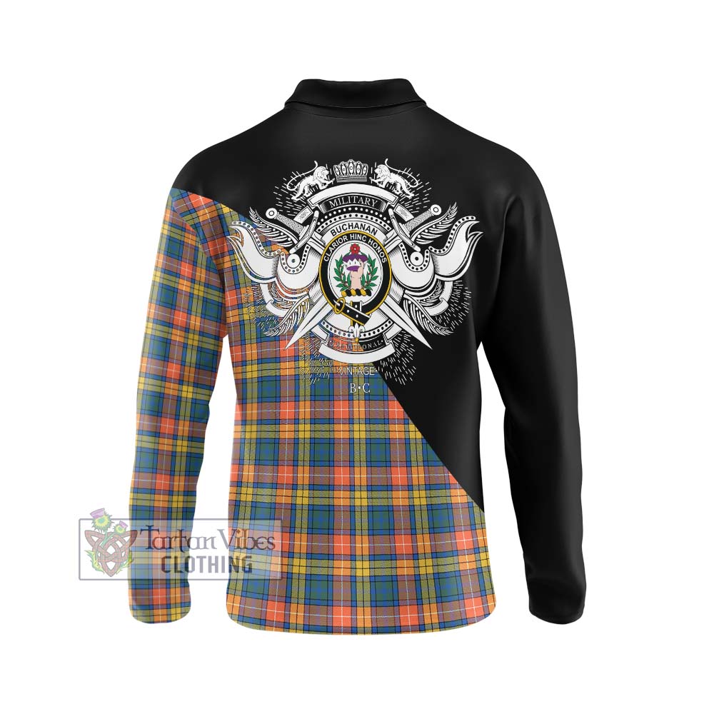 Buchanan Ancient Tartan Long Sleeve Polo Shirt with Family Crest and Military Logo Style - Tartanvibesclothing Shop