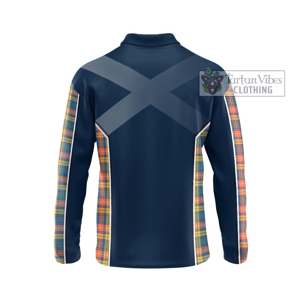 Buchanan Ancient Tartan Long Sleeve Polo Shirt with Family Crest and Lion Rampant Vibes Sport Style - Tartan Vibes Clothing