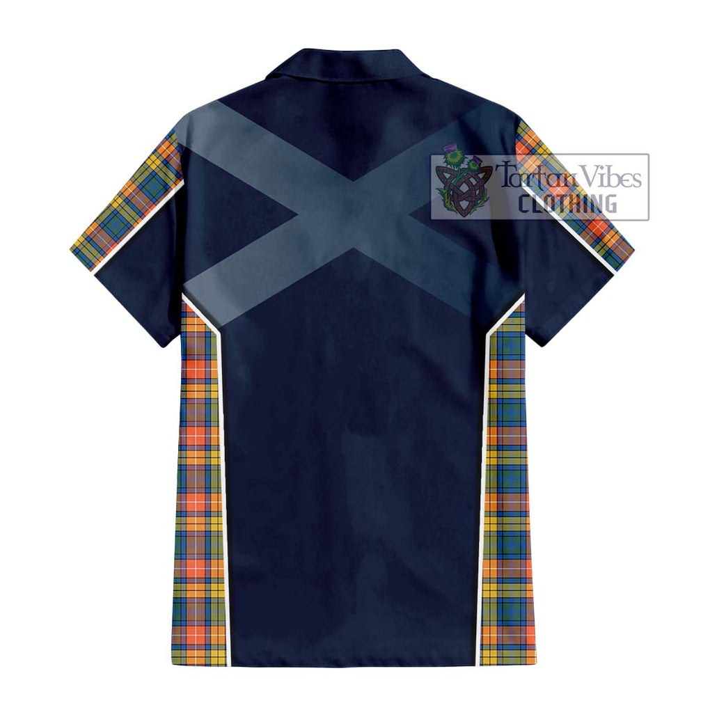 Buchanan Ancient Tartan Short Sleeve Button Shirt with Family Crest and Lion Rampant Vibes Sport Style - Tartan Vibes Clothing