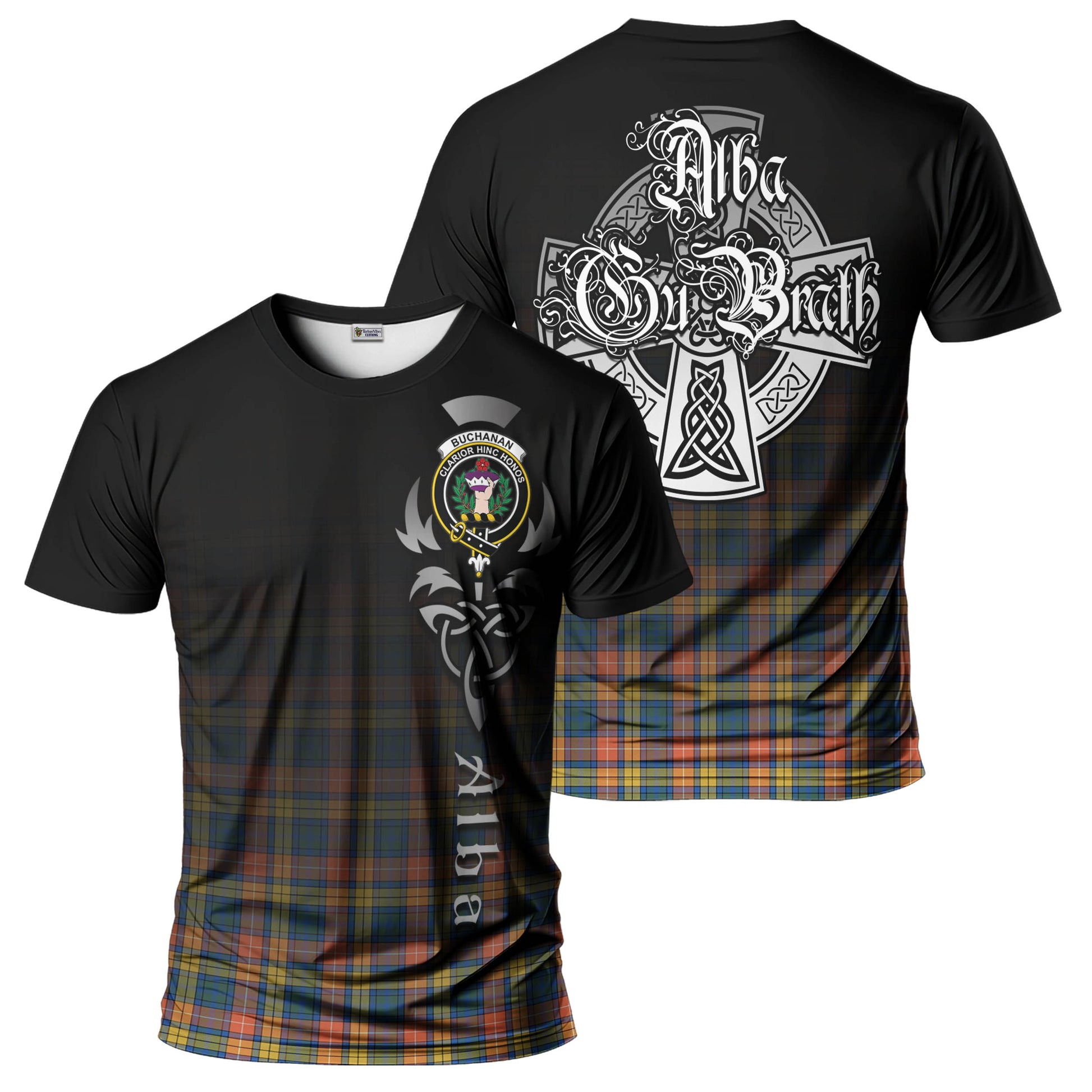 Tartan Vibes Clothing Buchanan Ancient Tartan T-Shirt Featuring Alba Gu Brath Family Crest Celtic Inspired