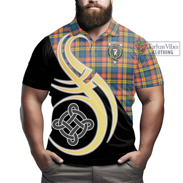 Buchanan Ancient Tartan Polo Shirt with Family Crest and Celtic Symbol Style