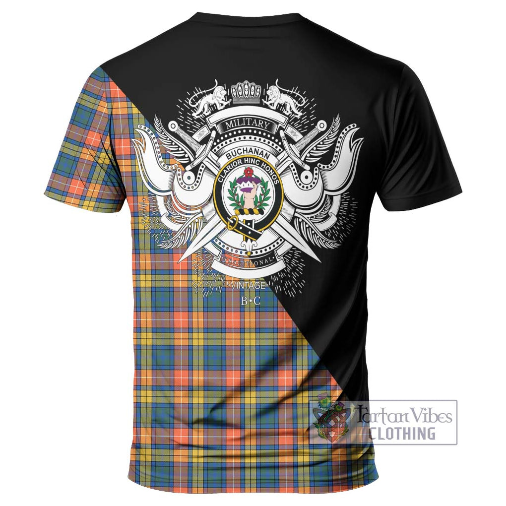 Buchanan Ancient Tartan T-Shirt with Family Crest and Military Logo Style - Tartanvibesclothing Shop