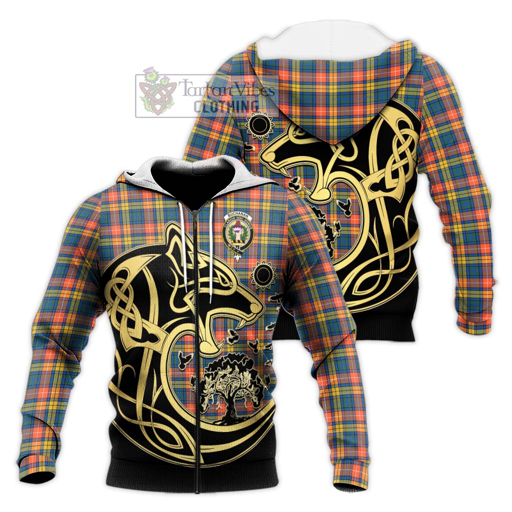 Tartan Vibes Clothing Buchanan Ancient Tartan Knitted Hoodie with Family Crest Celtic Wolf Style