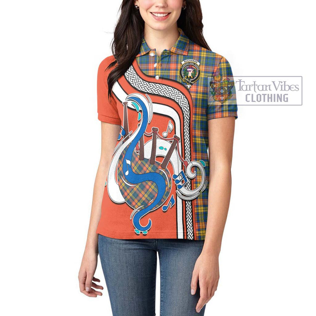 Buchanan Ancient Tartan Women's Polo Shirt with Epic Bagpipe Style - Tartanvibesclothing Shop