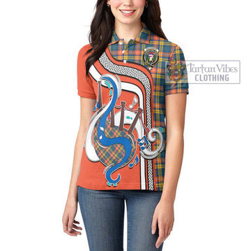 Buchanan Ancient Tartan Women's Polo Shirt with Epic Bagpipe Style