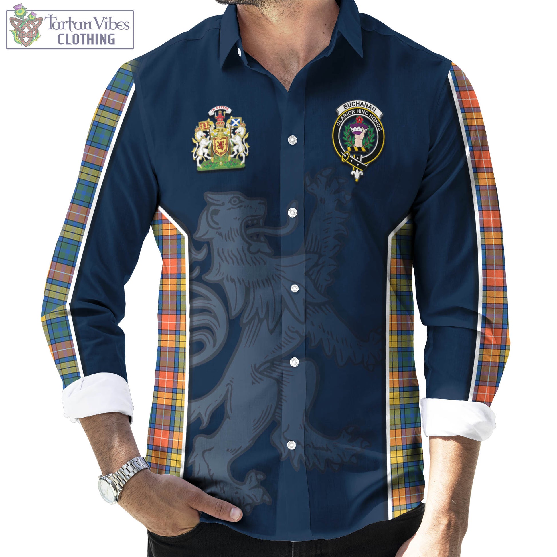 Tartan Vibes Clothing Buchanan Ancient Tartan Long Sleeve Button Up Shirt with Family Crest and Lion Rampant Vibes Sport Style