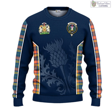 Buchanan Ancient Tartan Knitted Sweatshirt with Family Crest and Scottish Thistle Vibes Sport Style