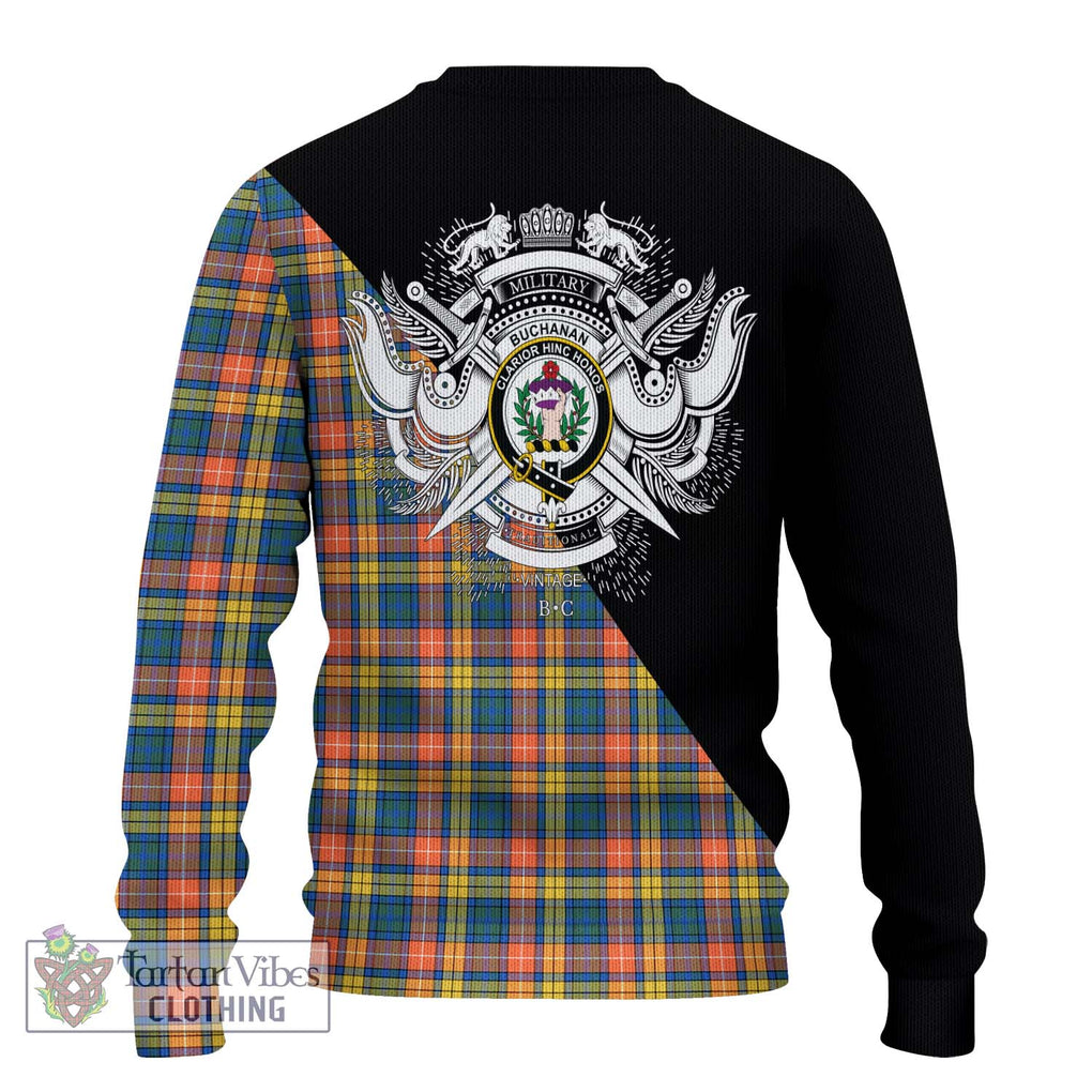 Buchanan Ancient Tartan Knitted Sweater with Family Crest and Military Logo Style - Tartanvibesclothing Shop