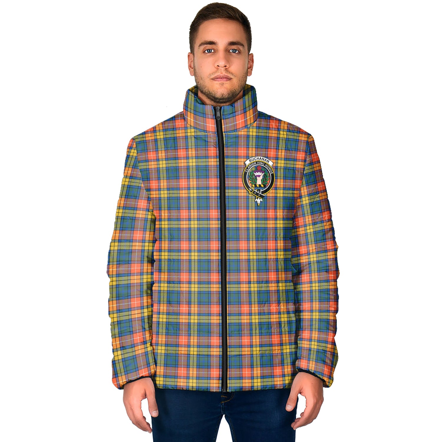 Buchanan Ancient Tartan Padded Jacket with Family Crest - Tartan Vibes Clothing