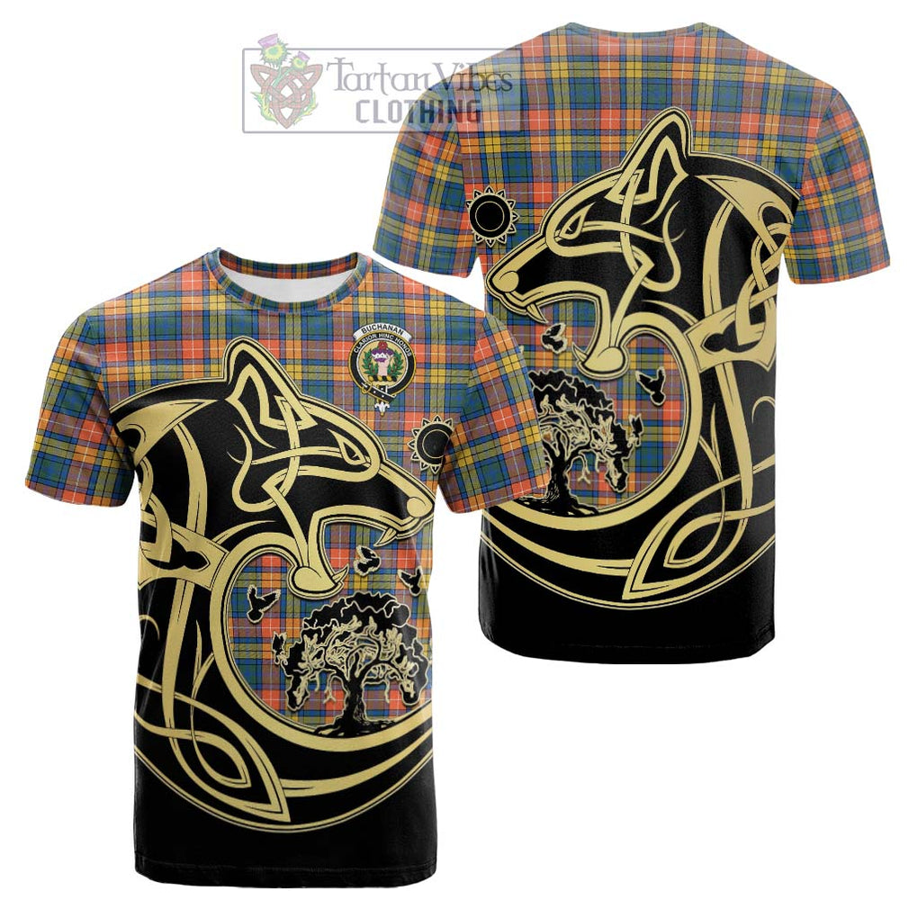 Tartan Vibes Clothing Buchanan Ancient Tartan Cotton T-shirt with Family Crest Celtic Wolf Style