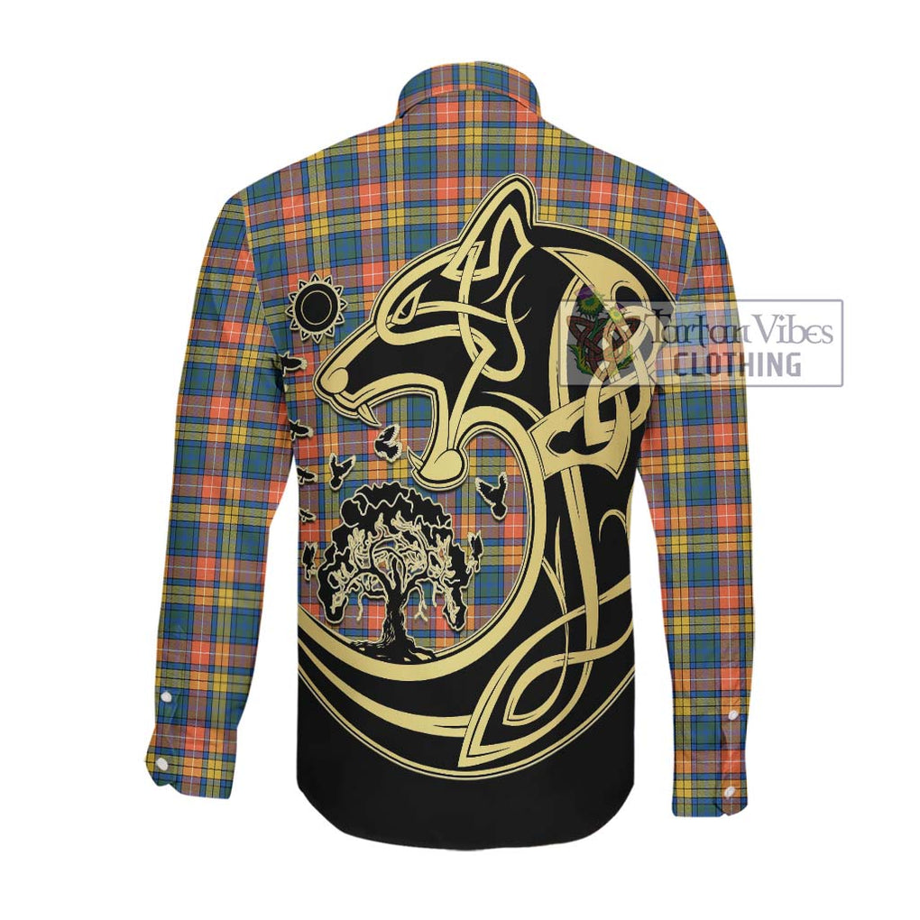 Buchanan Ancient Tartan Long Sleeve Button Shirt with Family Crest Celtic Wolf Style Men's Shirt - Tartan Vibes Clothing