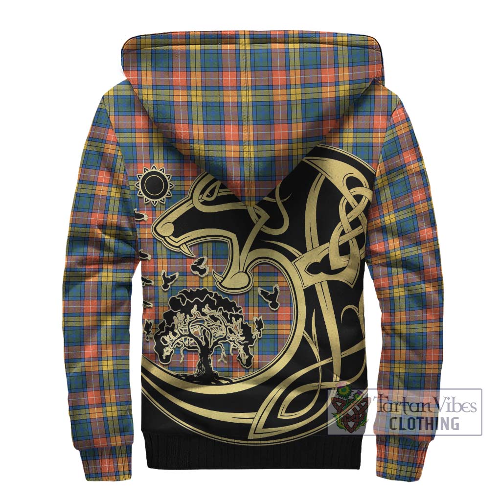 Tartan Vibes Clothing Buchanan Ancient Tartan Sherpa Hoodie with Family Crest Celtic Wolf Style