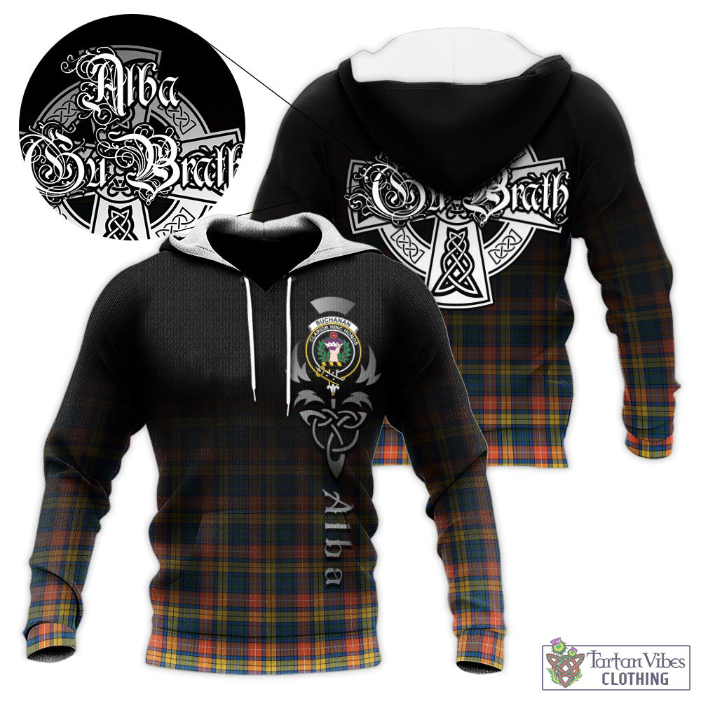 Tartan Vibes Clothing Buchanan Ancient Tartan Knitted Hoodie Featuring Alba Gu Brath Family Crest Celtic Inspired