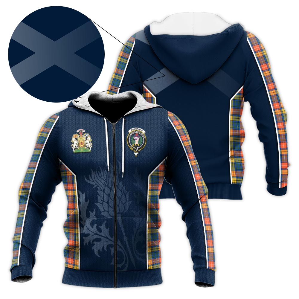 Tartan Vibes Clothing Buchanan Ancient Tartan Knitted Hoodie with Family Crest and Scottish Thistle Vibes Sport Style