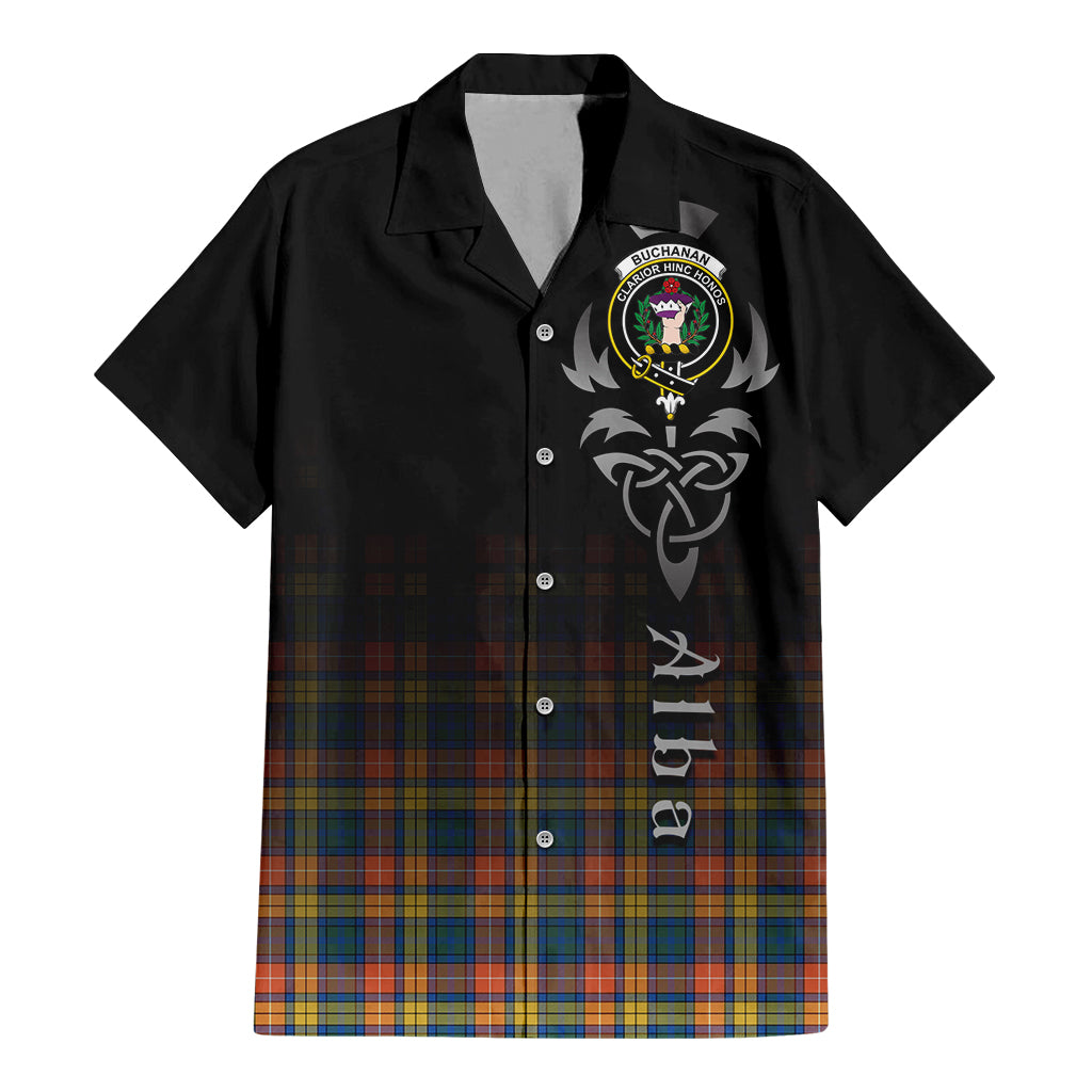 Tartan Vibes Clothing Buchanan Ancient Tartan Short Sleeve Button Up Featuring Alba Gu Brath Family Crest Celtic Inspired