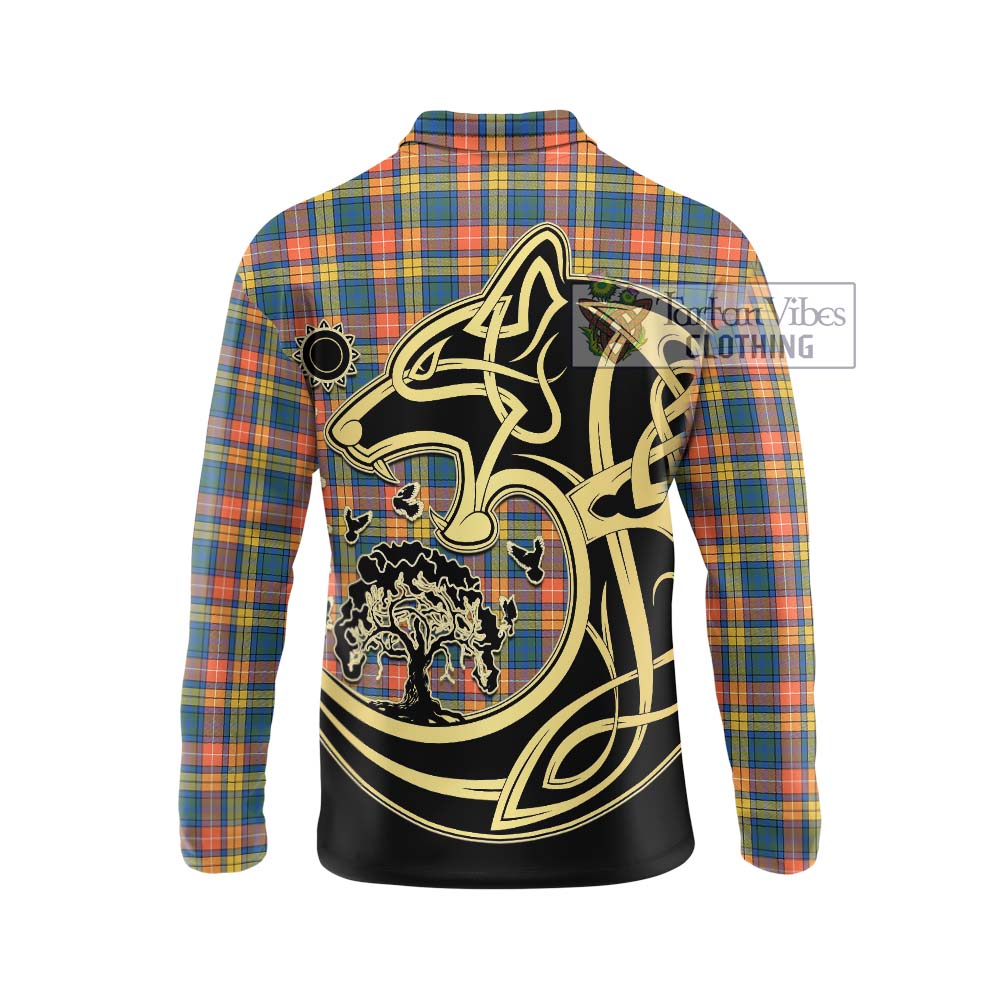 Tartan Vibes Clothing Buchanan Ancient Tartan Long Sleeve Polo Shirt with Family Crest Celtic Wolf Style