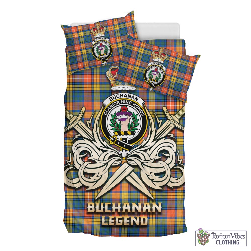 Tartan Vibes Clothing Buchanan Ancient Tartan Bedding Set with Clan Crest and the Golden Sword of Courageous Legacy