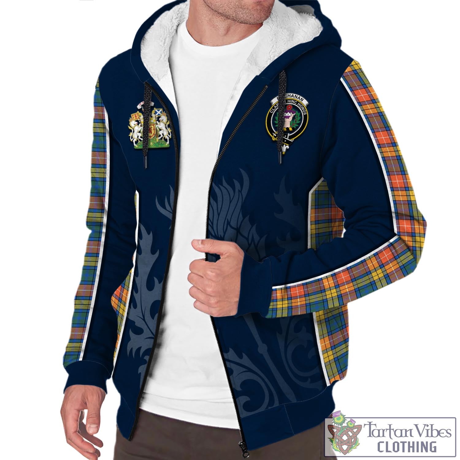 Tartan Vibes Clothing Buchanan Ancient Tartan Sherpa Hoodie with Family Crest and Scottish Thistle Vibes Sport Style