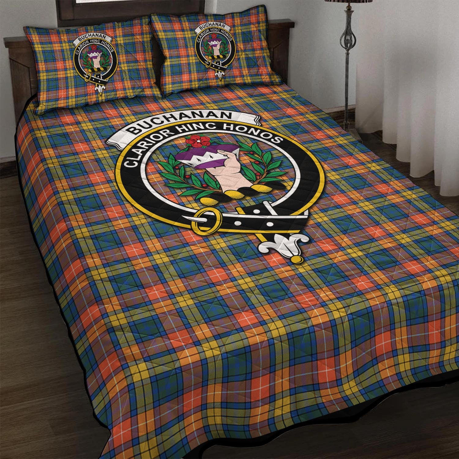 Buchanan Ancient Tartan Quilt Bed Set with Family Crest - Tartanvibesclothing