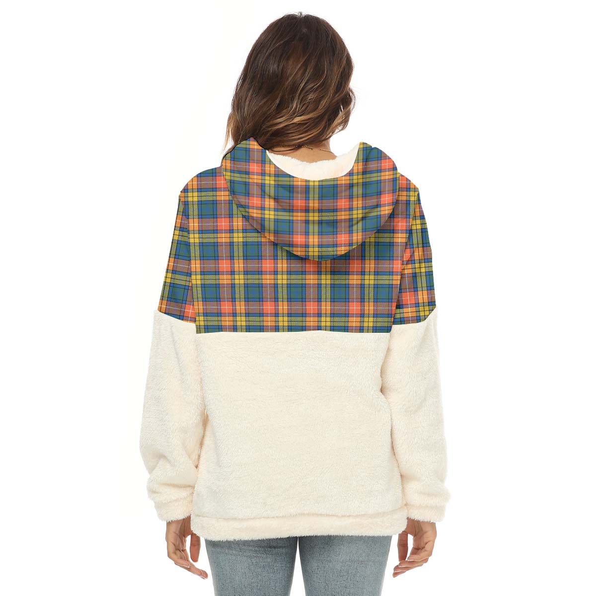 Buchanan Ancient Tartan Women's Borg Fleece Hoodie With Half Zip with Family Crest - Tartanvibesclothing