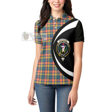 Buchanan Ancient Tartan Women's Polo Shirt with Family Crest Circle Style