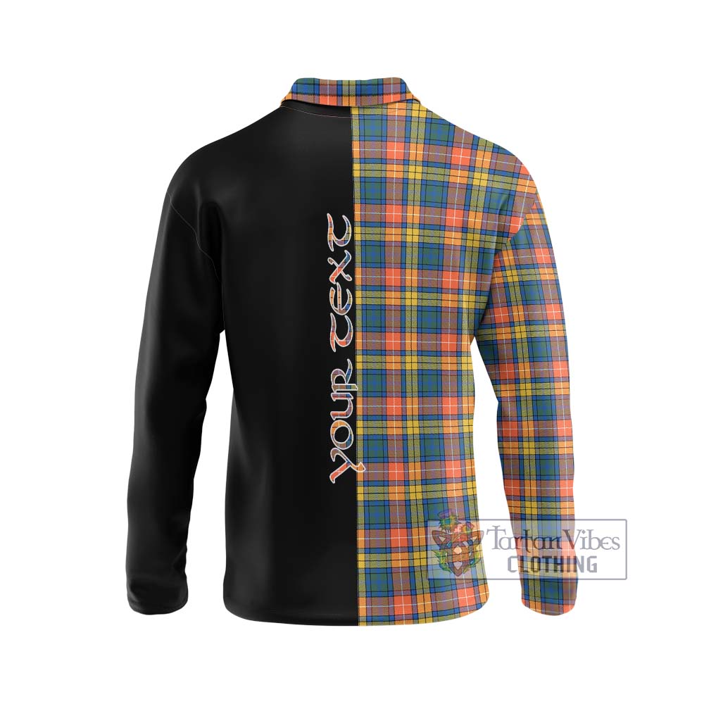 Buchanan Ancient Tartan Long Sleeve Polo Shirt with Family Crest and Half Of Me Style - Tartanvibesclothing Shop