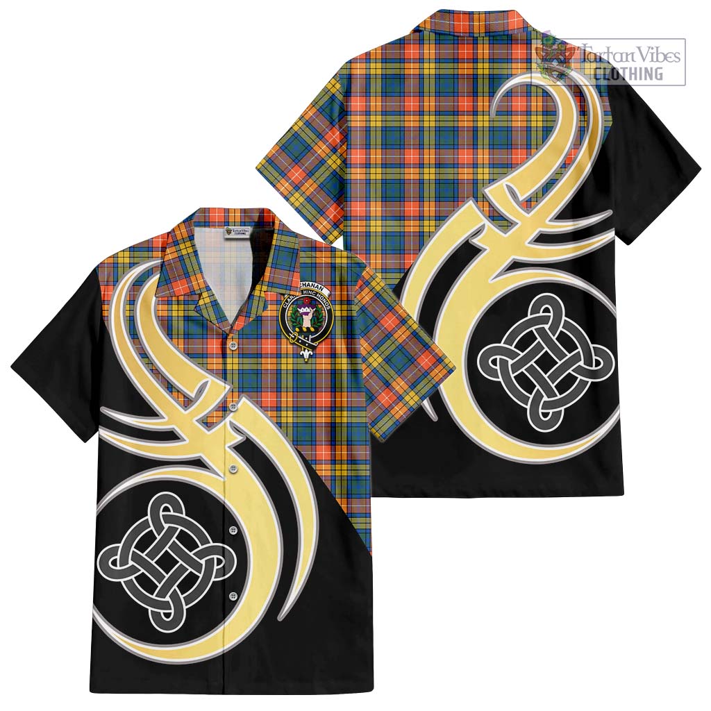 Buchanan Ancient Tartan Short Sleeve Button Shirt with Family Crest and Celtic Symbol Style - Tartan Vibes Clothing