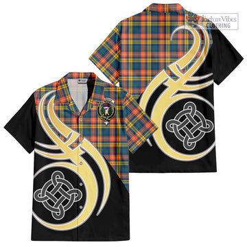 Buchanan Ancient Tartan Short Sleeve Button Shirt with Family Crest and Celtic Symbol Style