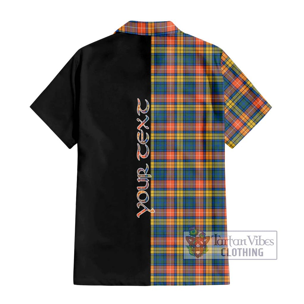 Buchanan Ancient Tartan Short Sleeve Button Shirt with Family Crest and Half Of Me Style - Tartanvibesclothing Shop