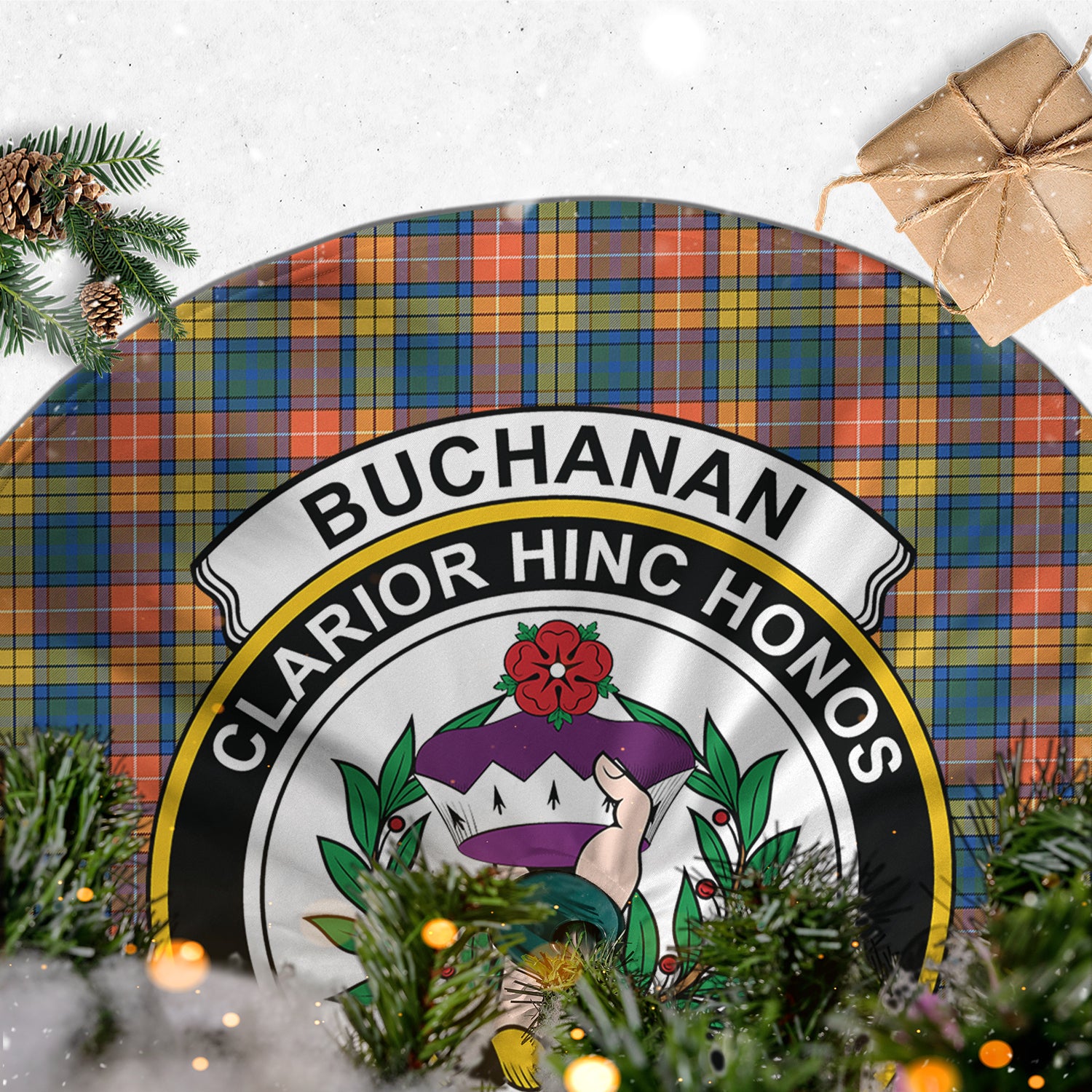 Buchanan Ancient Tartan Christmas Tree Skirt with Family Crest - Tartanvibesclothing