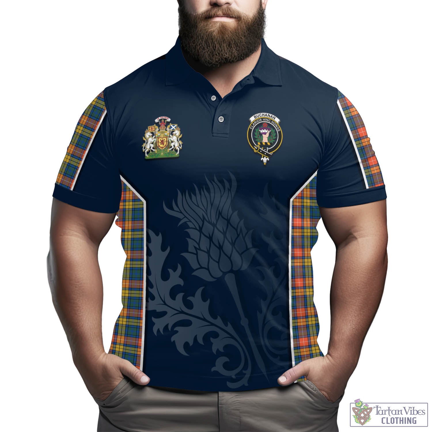 Tartan Vibes Clothing Buchanan Ancient Tartan Men's Polo Shirt with Family Crest and Scottish Thistle Vibes Sport Style