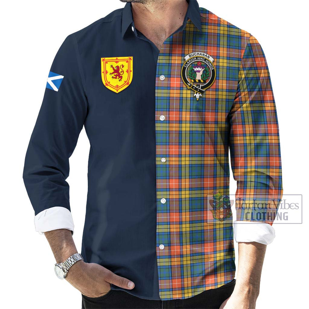 Tartan Vibes Clothing Buchanan Ancient Tartan Long Sleeve Button Shirt with Scottish Lion Royal Arm Half Style