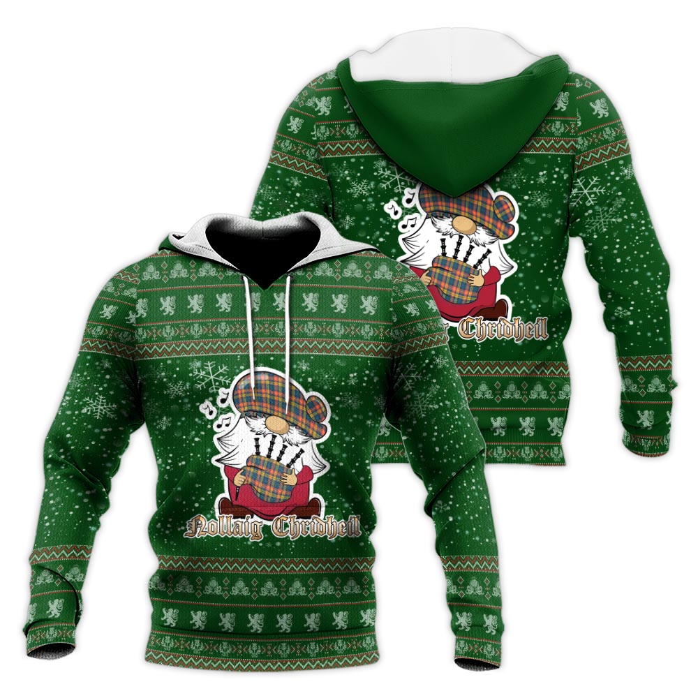 Buchanan Ancient Clan Christmas Knitted Hoodie with Funny Gnome Playing Bagpipes Green - Tartanvibesclothing