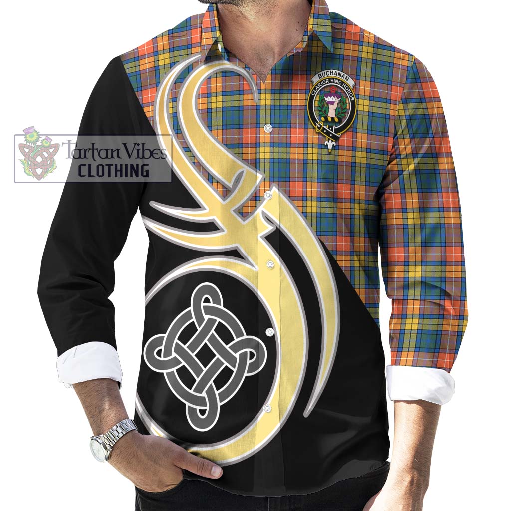 Buchanan Ancient Tartan Long Sleeve Button Shirt with Family Crest and Celtic Symbol Style - Tartan Vibes Clothing