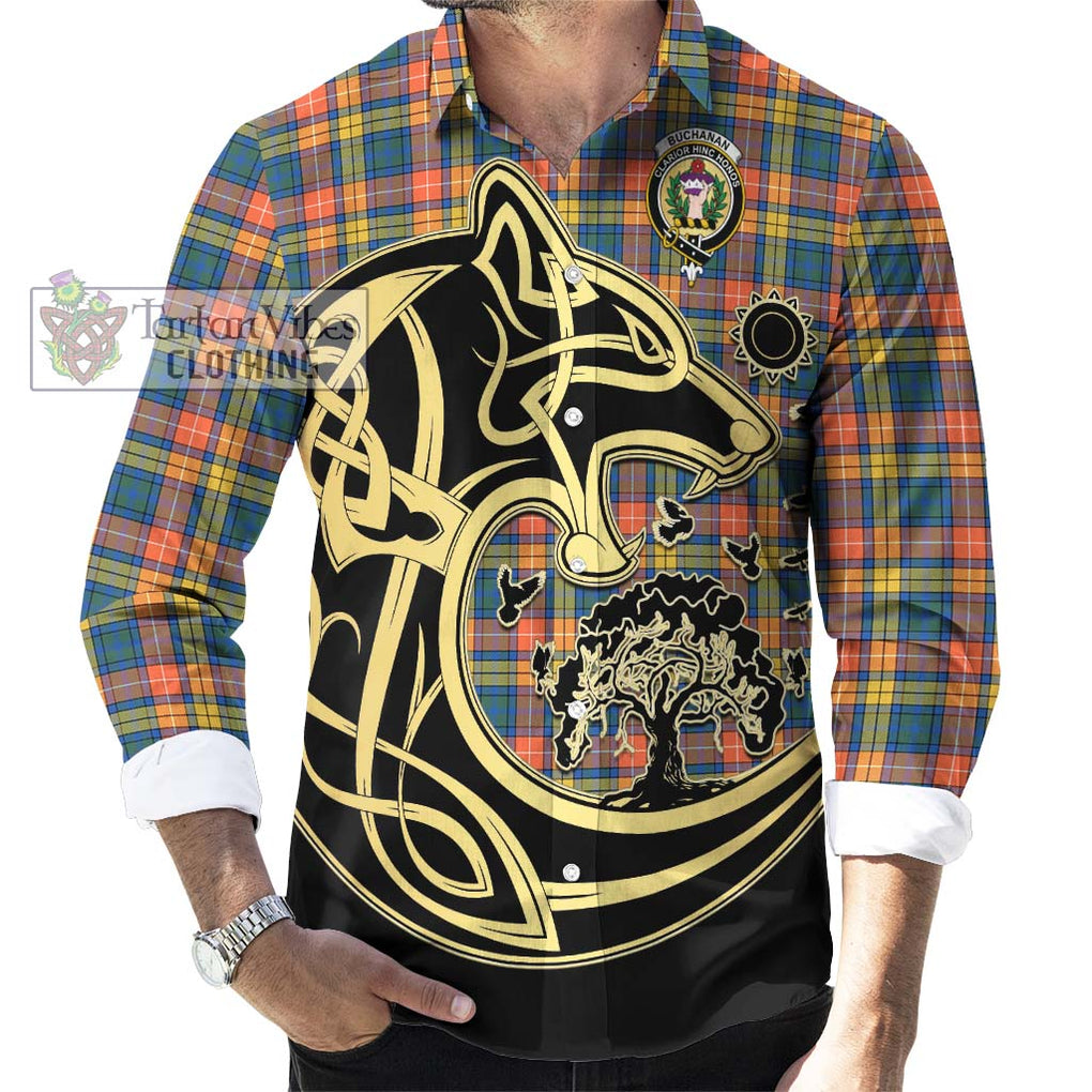 Buchanan Ancient Tartan Long Sleeve Button Shirt with Family Crest Celtic Wolf Style - Tartan Vibes Clothing