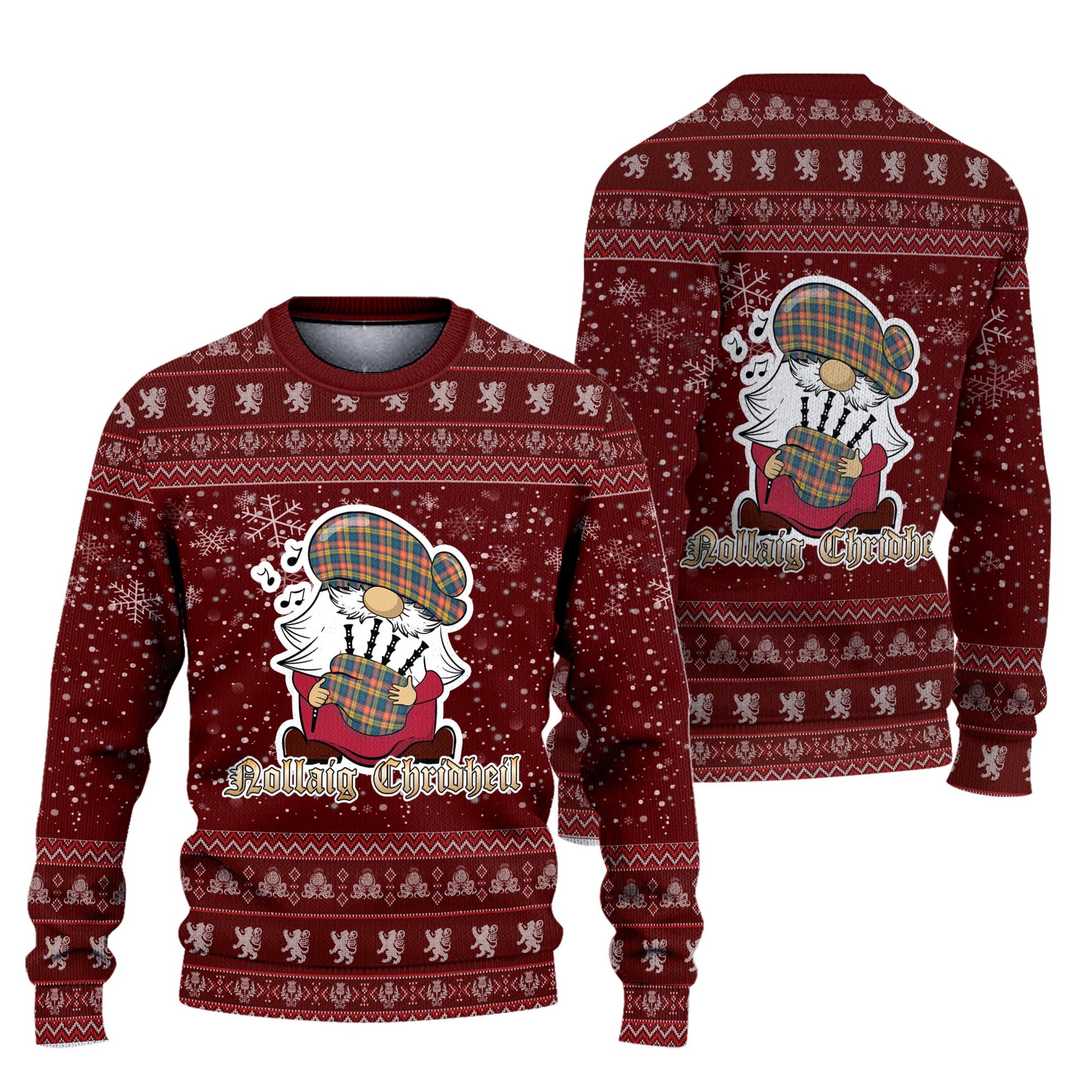 Buchanan Ancient Clan Christmas Family Knitted Sweater with Funny Gnome Playing Bagpipes Unisex Red - Tartanvibesclothing
