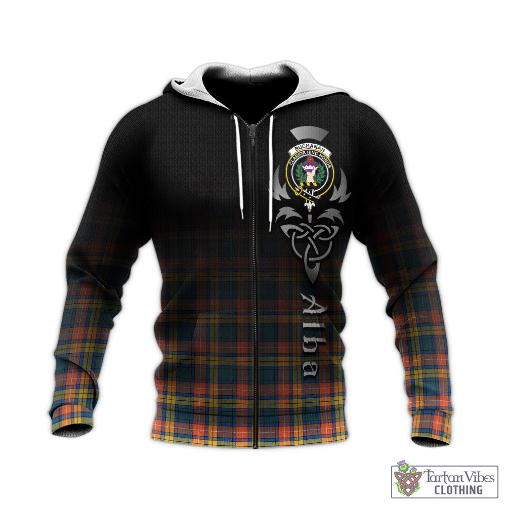 Tartan Vibes Clothing Buchanan Ancient Tartan Knitted Hoodie Featuring Alba Gu Brath Family Crest Celtic Inspired