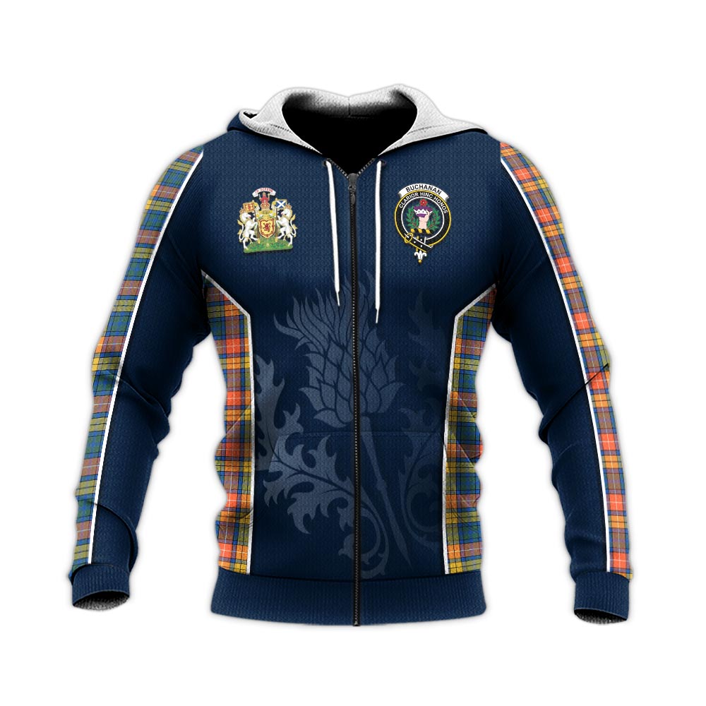 Tartan Vibes Clothing Buchanan Ancient Tartan Knitted Hoodie with Family Crest and Scottish Thistle Vibes Sport Style