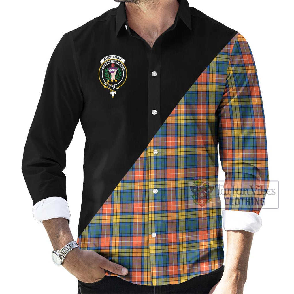 Buchanan Ancient Tartan Long Sleeve Button Shirt with Family Crest and Military Logo Style - Tartanvibesclothing Shop