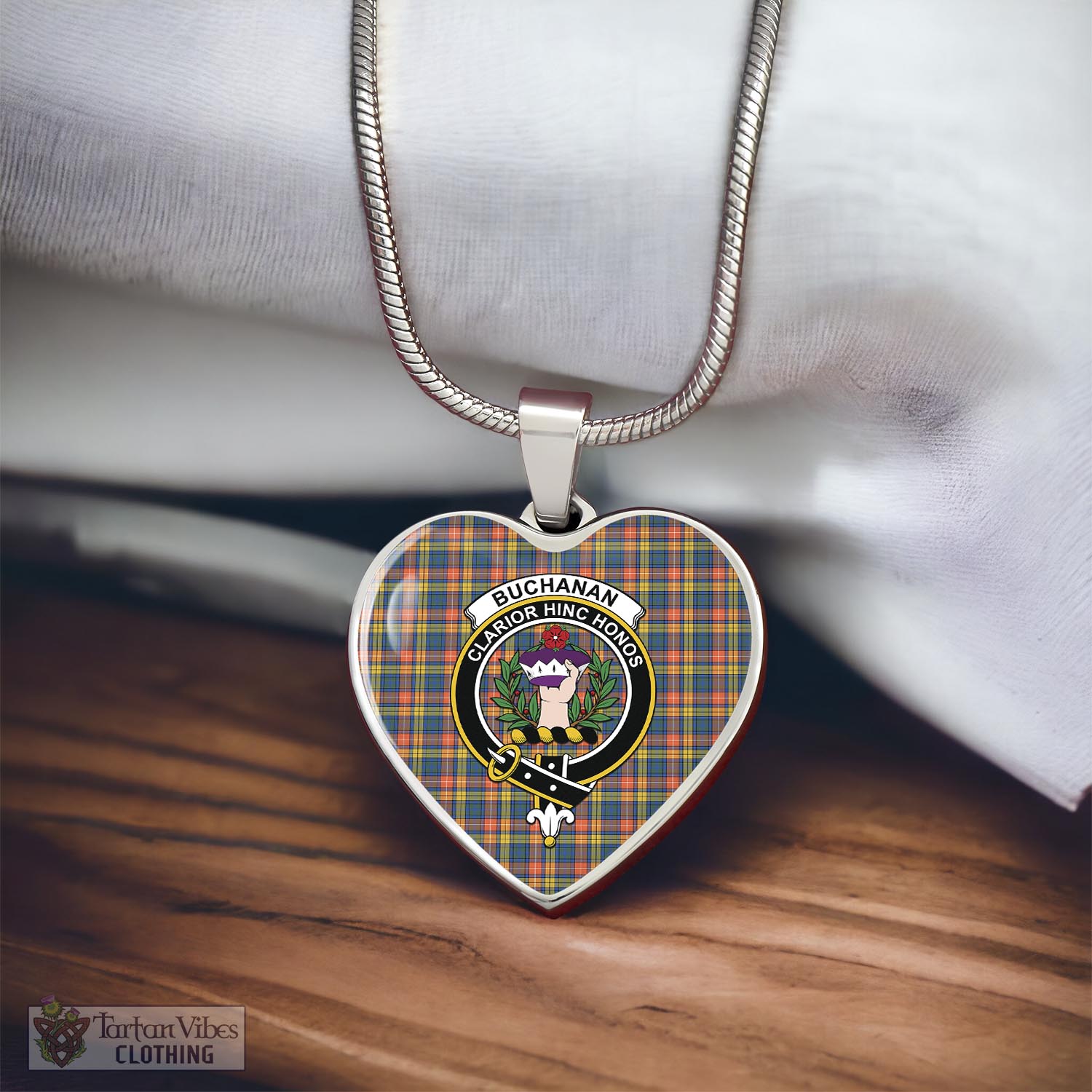 Tartan Vibes Clothing Buchanan Ancient Tartan Heart Necklace with Family Crest