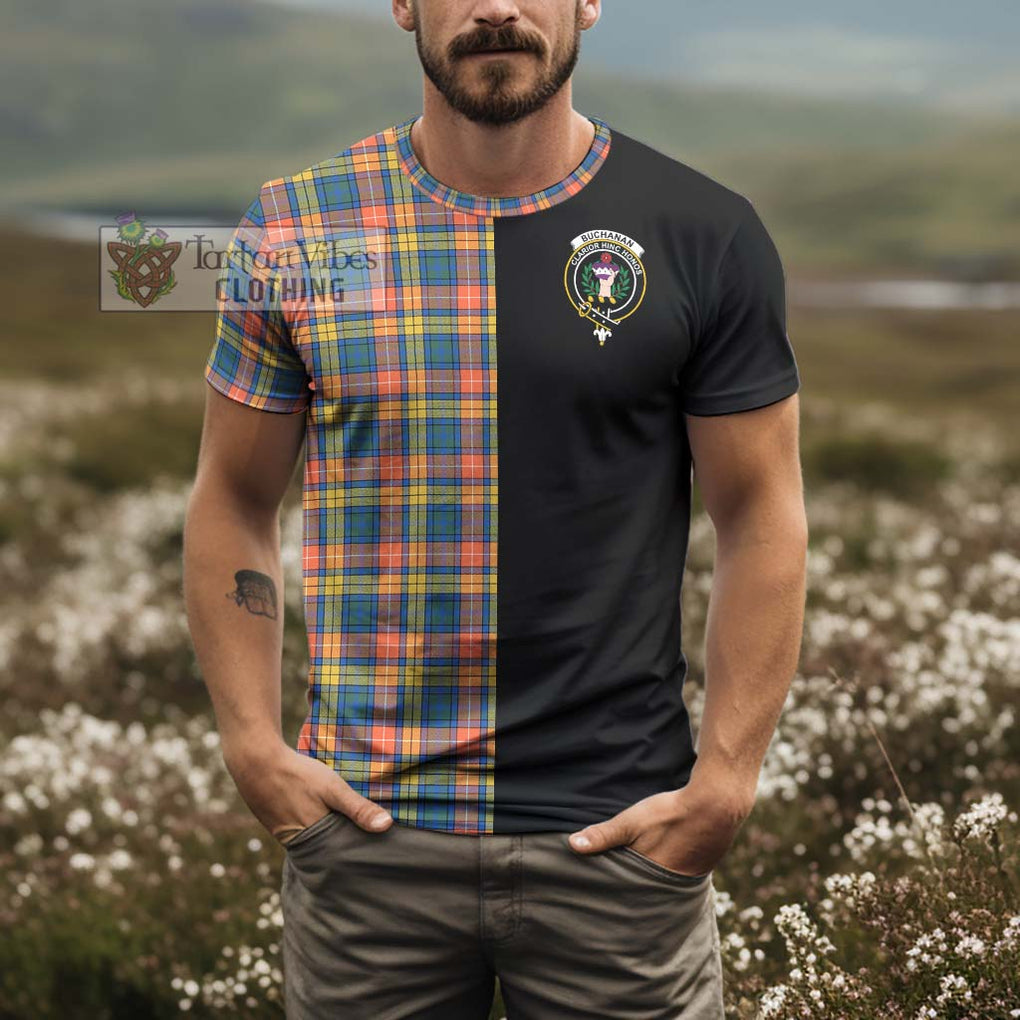 Buchanan Ancient Tartan T-Shirt with Family Crest and Half Of Me Style - Tartanvibesclothing Shop