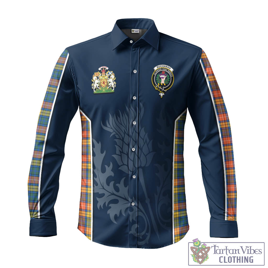 Tartan Vibes Clothing Buchanan Ancient Tartan Long Sleeve Button Up Shirt with Family Crest and Scottish Thistle Vibes Sport Style