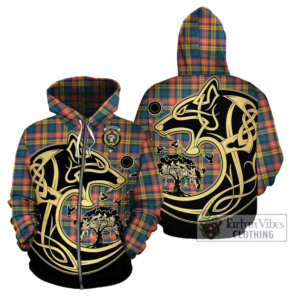 Tartan Vibes Clothing Buchanan Ancient Tartan Hoodie with Family Crest Celtic Wolf Style
