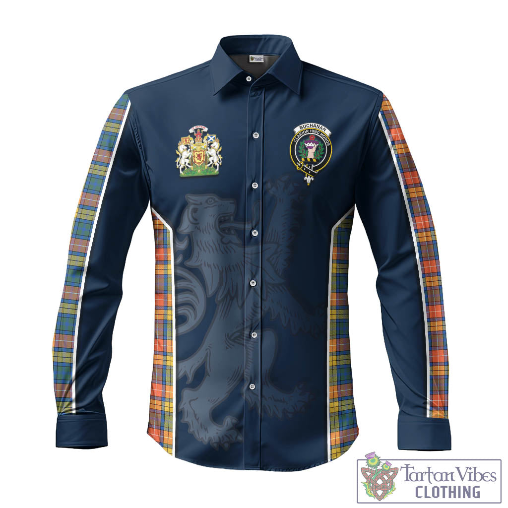 Tartan Vibes Clothing Buchanan Ancient Tartan Long Sleeve Button Up Shirt with Family Crest and Lion Rampant Vibes Sport Style