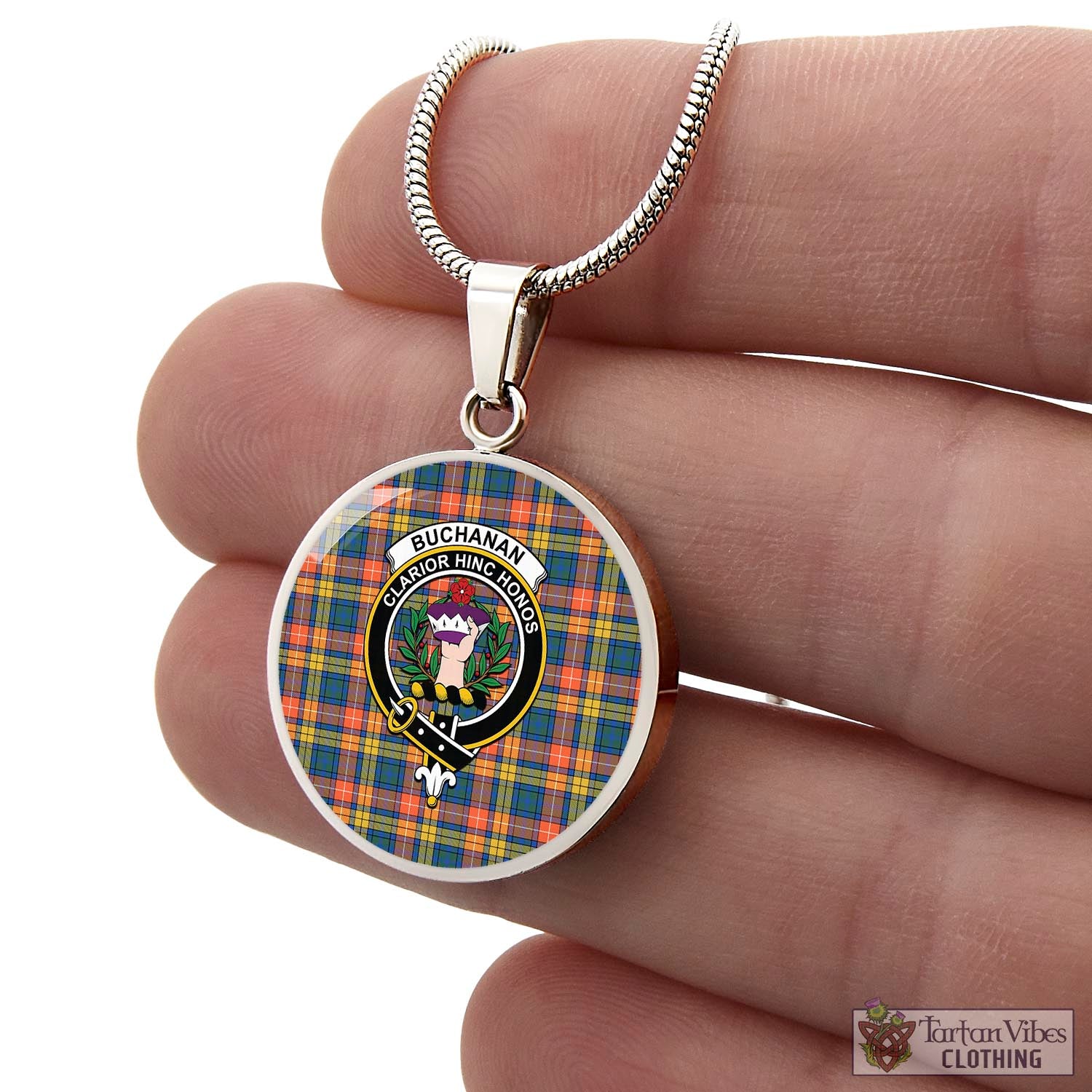 Tartan Vibes Clothing Buchanan Ancient Tartan Circle Necklace with Family Crest